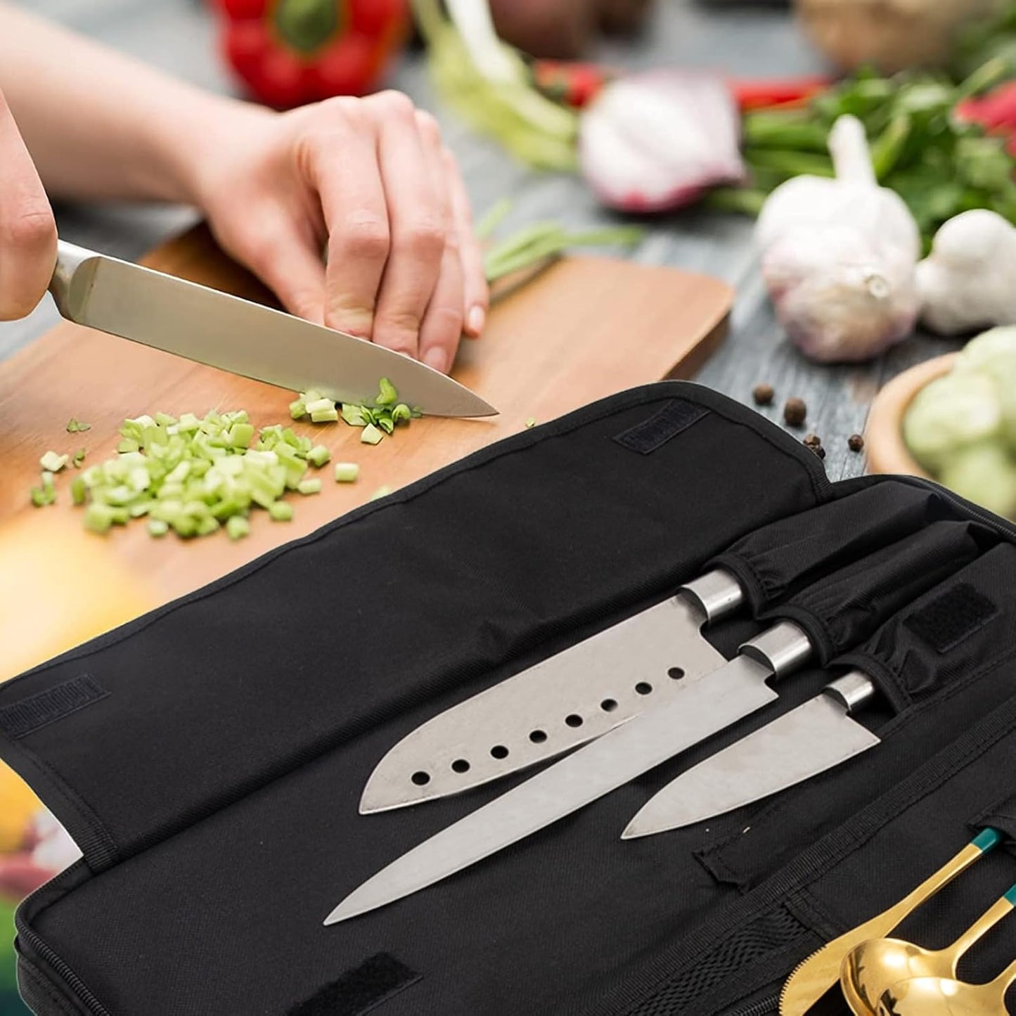 Chef’s Knife Roll Bag, Heavy Duty Waxed Canvas Chef Knife Bag, Portable 13 Slots Chef Knife Case, Multi-function Cutlery Knives Pouch Holder Knife Wrap Wallet Tool Roll