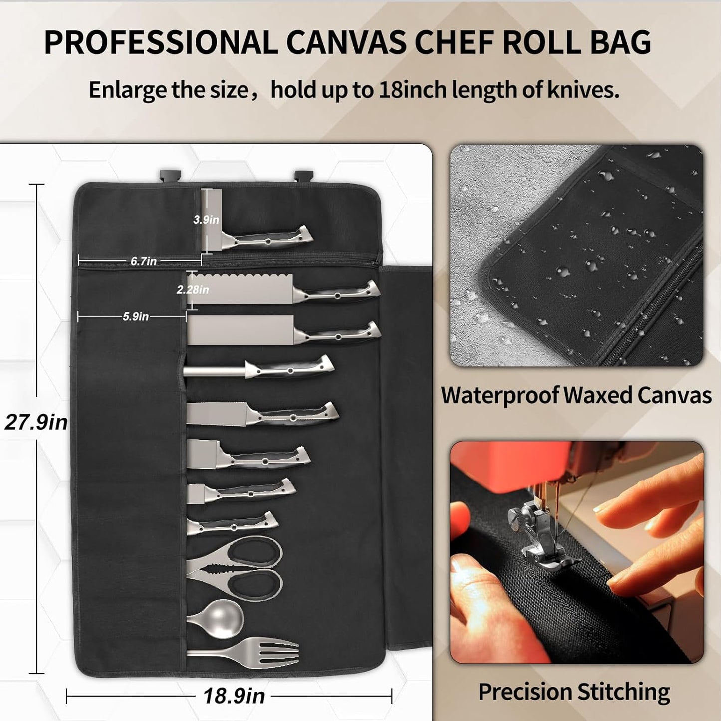 Upgraded Chef Knife Roll Bag, Waterproof Waxed Canvas Knife Case Holds Size Up to 18'', Portable Knife Holder with 11 Slots for Knives with Adjustable Strap, Gift for Beginner or Pro