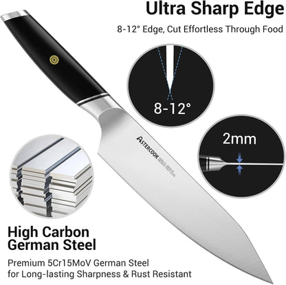 Astercook Chef Knife, 8 Inch Professional Kitchen Chef Knife, ABS Handle Dishwasher safe German High Carbon Stainless Steel Ultra Sharp Kitchen Knife, Chefs Knives with Ergonomic Handle and Gift Box