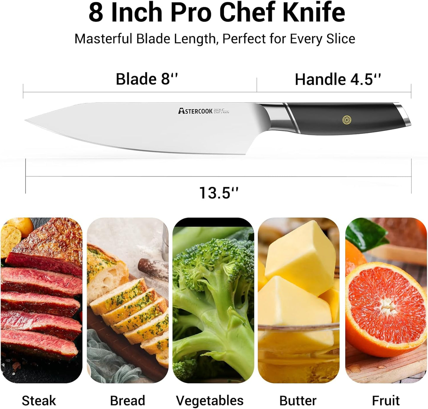 Astercook Chef Knife, 8 Inch Professional Kitchen Chef Knife, ABS Handle Dishwasher safe German High Carbon Stainless Steel Ultra Sharp Kitchen Knife, Chefs Knives with Ergonomic Handle and Gift Box