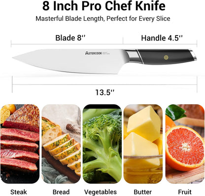 Astercook Chef Knife, 8 Inch Professional Kitchen Chef Knife, ABS Handle Dishwasher safe German High Carbon Stainless Steel Ultra Sharp Kitchen Knife, Chefs Knives with Ergonomic Handle and Gift Box