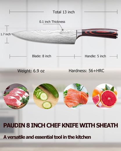 PAUDIN Chef Knife with Sheath- Pro Kitchen Knife 8 Inch Chef's Knives with High Carbon Stainless Steel, Sharp Knife with Ergonomic Handle for Home Kitchen Restaurant