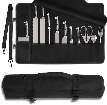 Upgraded Chef Knife Roll Bag, Waterproof Waxed Canvas Knife Case Holds Size Up to 18'', Portable Knife Holder with 11 Slots for Knives with Adjustable Strap, Gift for Beginner or Pro