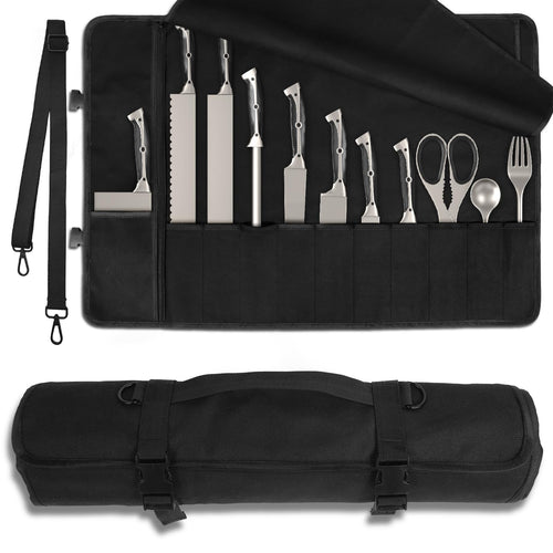 Upgraded Chef Knife Roll Bag, Waterproof Waxed Canvas Knife Case Holds Size Up to 18'', Portable Knife Holder with 11 Slots for Knives with Adjustable Strap, Gift for Beginner or Pro