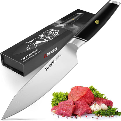 Astercook Chef Knife, 8 Inch Professional Kitchen Chef Knife, ABS Handle Dishwasher safe German High Carbon Stainless Steel Ultra Sharp Kitchen Knife, Chefs Knives with Ergonomic Handle and Gift Box