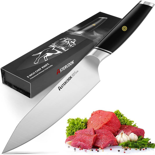 Astercook Chef Knife, 8 Inch Professional Kitchen Chef Knife, ABS Handle Dishwasher safe German High Carbon Stainless Steel Ultra Sharp Kitchen Knife, Chefs Knives with Ergonomic Handle and Gift Box