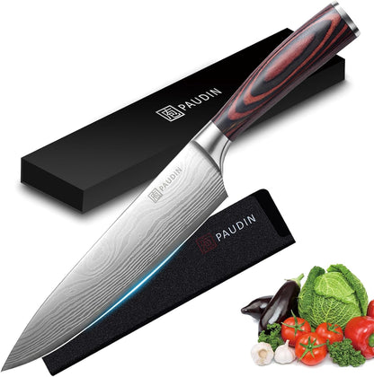 PAUDIN Chef Knife with Sheath- Pro Kitchen Knife 8 Inch Chef's Knives with High Carbon Stainless Steel, Sharp Knife with Ergonomic Handle for Home Kitchen Restaurant