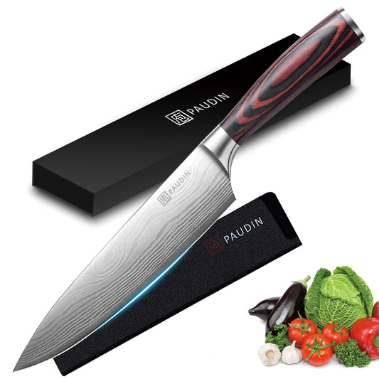 PAUDIN Chef Knife with Sheath- Pro Kitchen Knife 8 Inch Chef's Knives with High Carbon Stainless Steel, Sharp Knife with Ergonomic Handle for Home Kitchen Restaurant