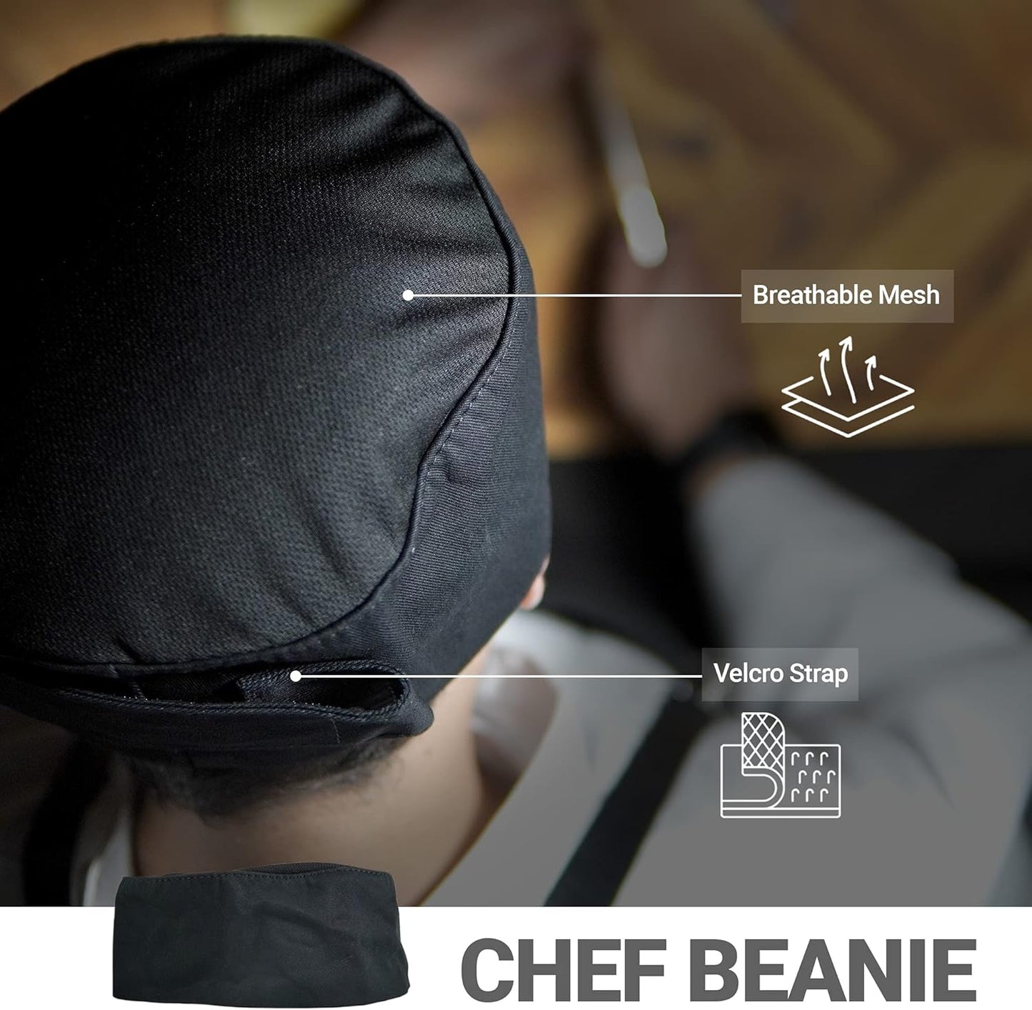 Chef Sac Chef Hat Beanie | Adjustable Strap Chef Cap | Breathable Cotton Chef Skull Cap with Mesh Top | Unisex Chef Hats For Men & Women | One Size Fits Most (Black)