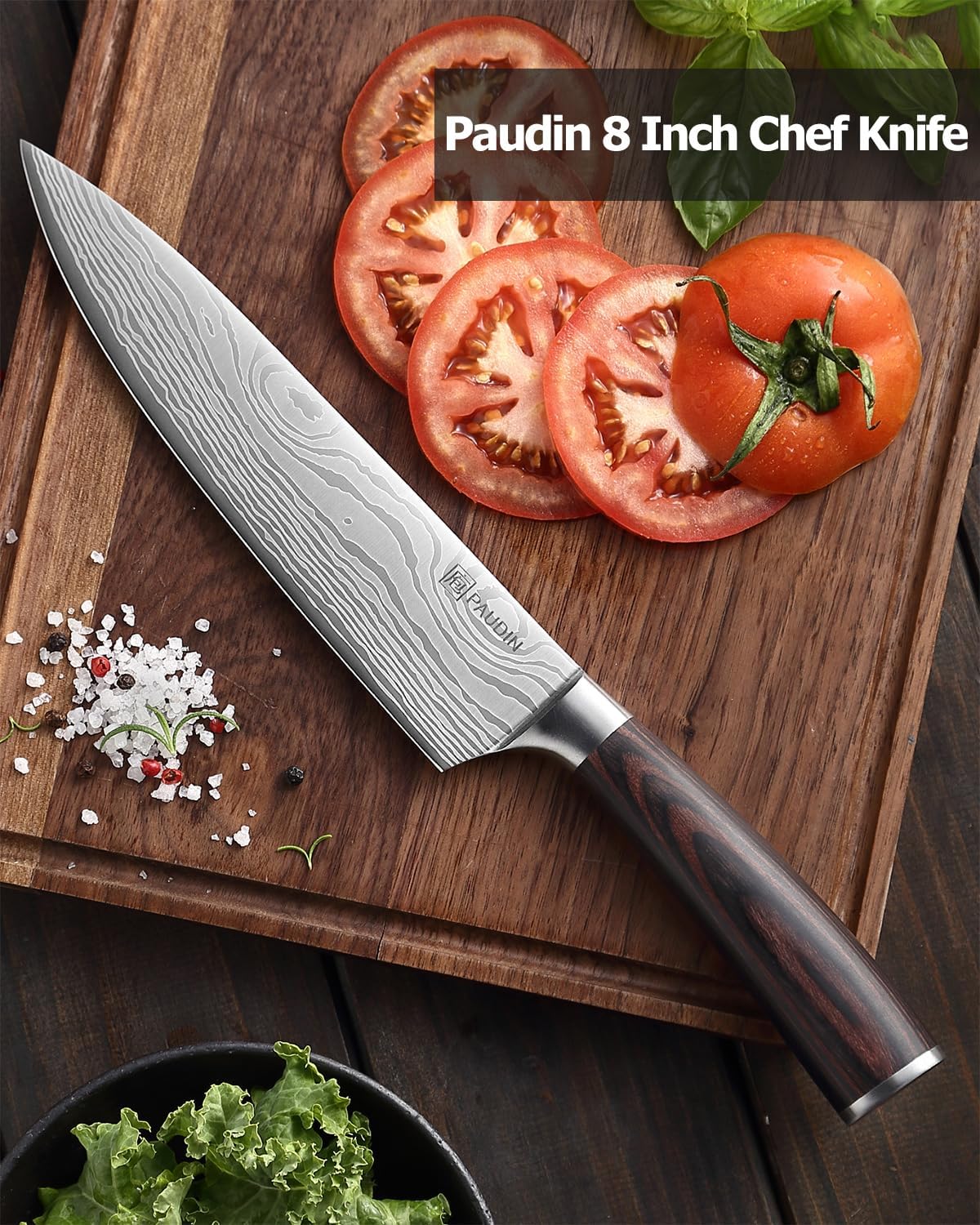 PAUDIN Chef Knife with Sheath- Pro Kitchen Knife 8 Inch Chef's Knives with High Carbon Stainless Steel, Sharp Knife with Ergonomic Handle for Home Kitchen Restaurant