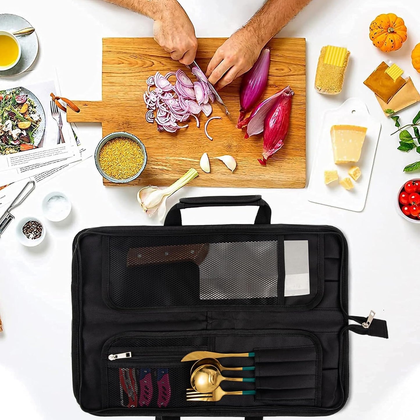 Chef’s Knife Roll Bag, Heavy Duty Waxed Canvas Chef Knife Bag, Portable 13 Slots Chef Knife Case, Multi-function Cutlery Knives Pouch Holder Knife Wrap Wallet Tool Roll