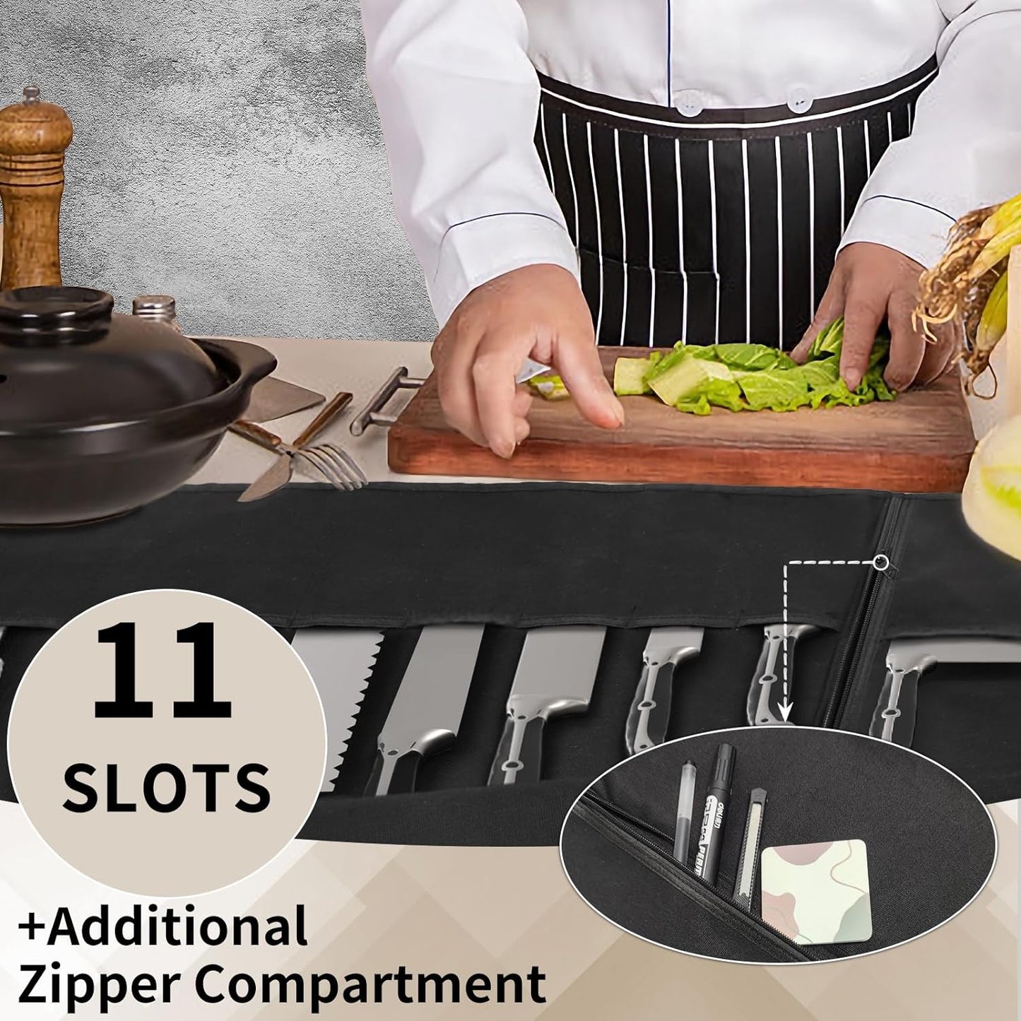 Upgraded Chef Knife Roll Bag, Waterproof Waxed Canvas Knife Case Holds Size Up to 18'', Portable Knife Holder with 11 Slots for Knives with Adjustable Strap, Gift for Beginner or Pro